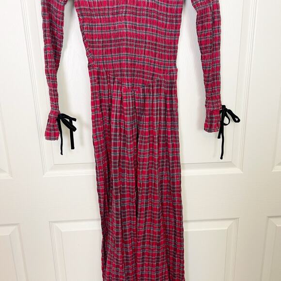 Damson Madder Alice Red Plaid Shirred Midi Dress Drop Waist Velvet Trim Sz 6 - Picture 5 of 11